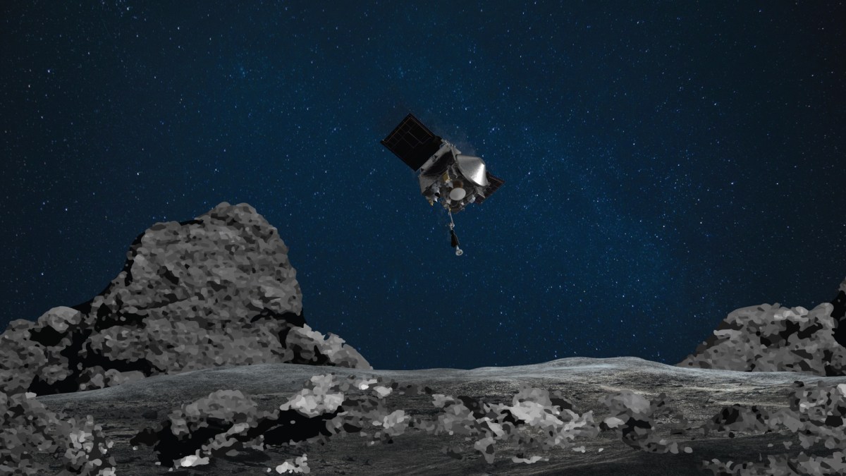OSIRIS-Rex approchant de Bennu, illustration. // Source : NASA/Goddard/University of Arizona (photo recadrée) OSIRIS-Rex approchant de Bennu, illustration. // Source : NASA/Goddard/University of Arizona (photo recadrée)