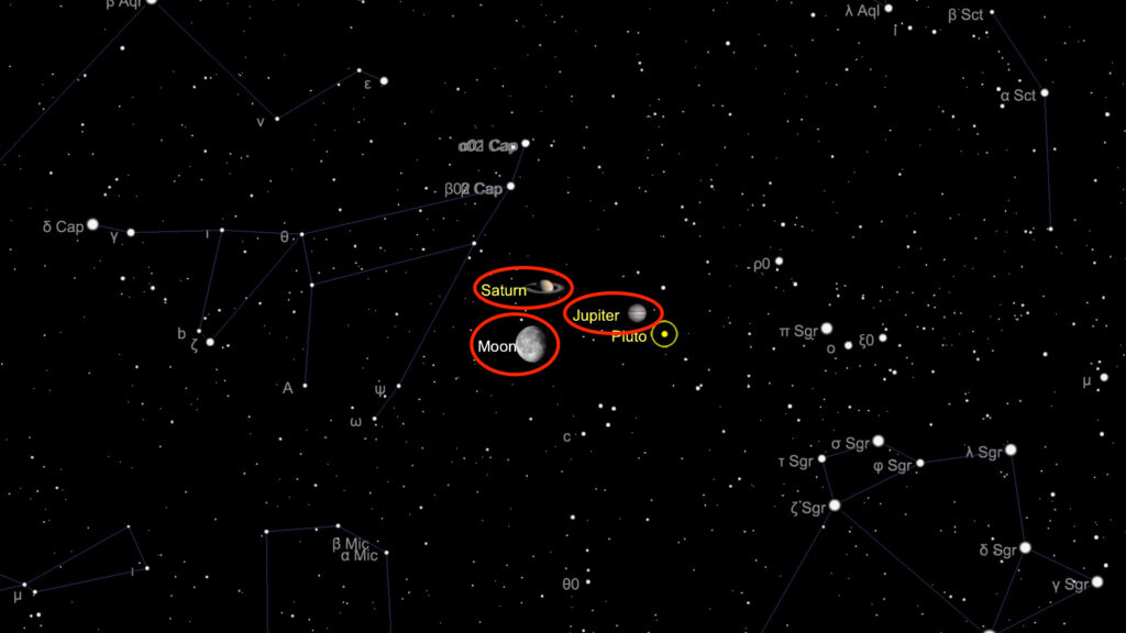 La Lune, Saturne et Jupiter le matin du 9 juin 2020. // Source : Capture d'écran The Sky Live, annotations Numerama La Lune, Saturne et Jupiter le matin du 9 juin 2020. // Source : Capture d'écran The Sky Live, annotations Numerama