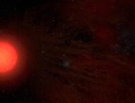 Vue d'artiste de la supergéante rouge Antarès. // Source : NRAO/AUI/NSF, S. Dagnello (photo recadrée)