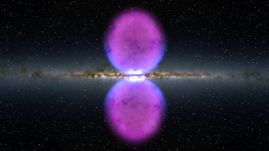 Les bulles de Fermi au-dessus et en-dessous du disque galactique. // Source : Flickr/NASA Goddard Space Flight Center Les bulles de Fermi au-dessus et en-dessous du disque galactique. // Source : Flickr/NASA Goddard Space Flight Center
