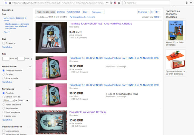 Sur les sites de ventes tel eBay, il est très facile de trouver des bandes dessinées raciste "hommage" à Tintin // Source : Capture d'écran Numerama Sur les sites de ventes tel eBay, il est très facile de trouver des bandes dessinées raciste "hommage" à Tintin // Source : Capture d'écran Numerama