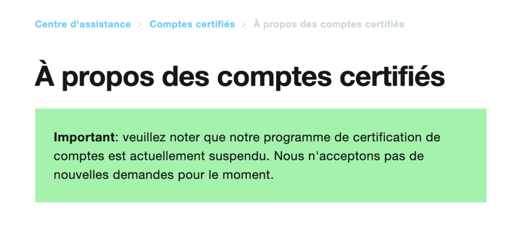 Page "À propos des comptes certifiés" sur Twitter // Source : Twitter