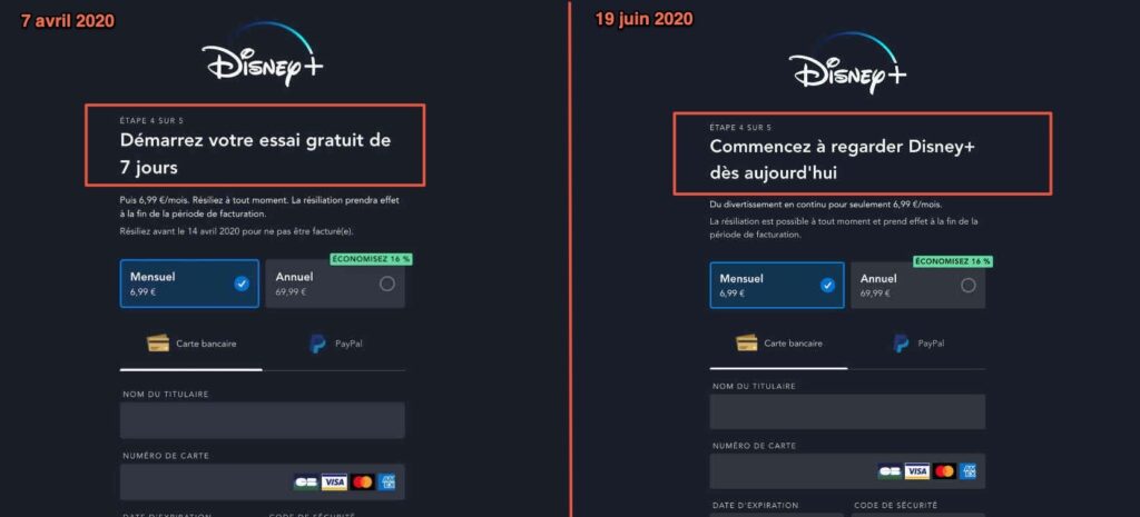 La période d'essai de 7 jours n'est plus proposée // Source : Captures d'écran Numerama à 2 mois d'écart