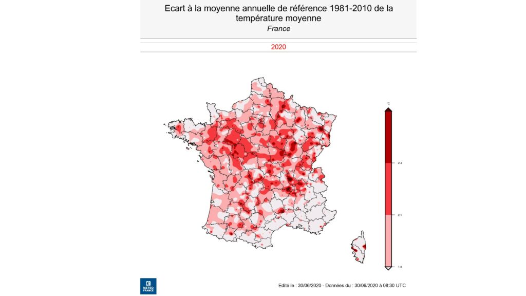 Graphique du niveau d'écart de température, par rapport à la normale, entre 2020 et la moyenne 1981-2010. // Source : MétéoFrance Graphique du niveau d'écart de température, par rapport à la normale, entre 2020 et la moyenne 1981-2010. // Source : MétéoFrance