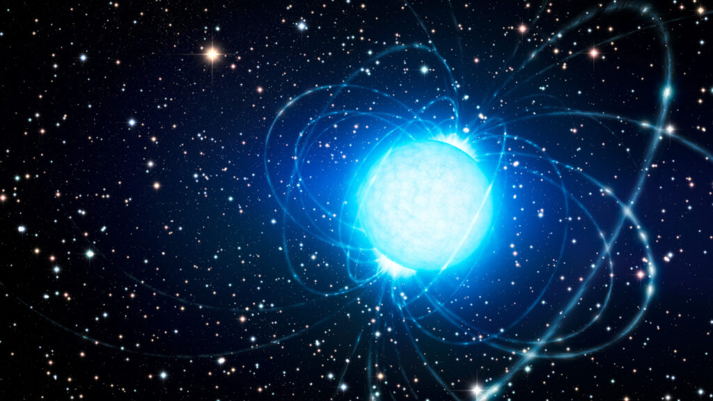 Vue d'artiste d'un magnétar. // Source : Wikimedia/CC/ESO/L. Calçada (photo recadrée) Vue d'artiste d'un magnétar. // Source : Wikimedia/CC/ESO/L. Calçada (photo recadrée)