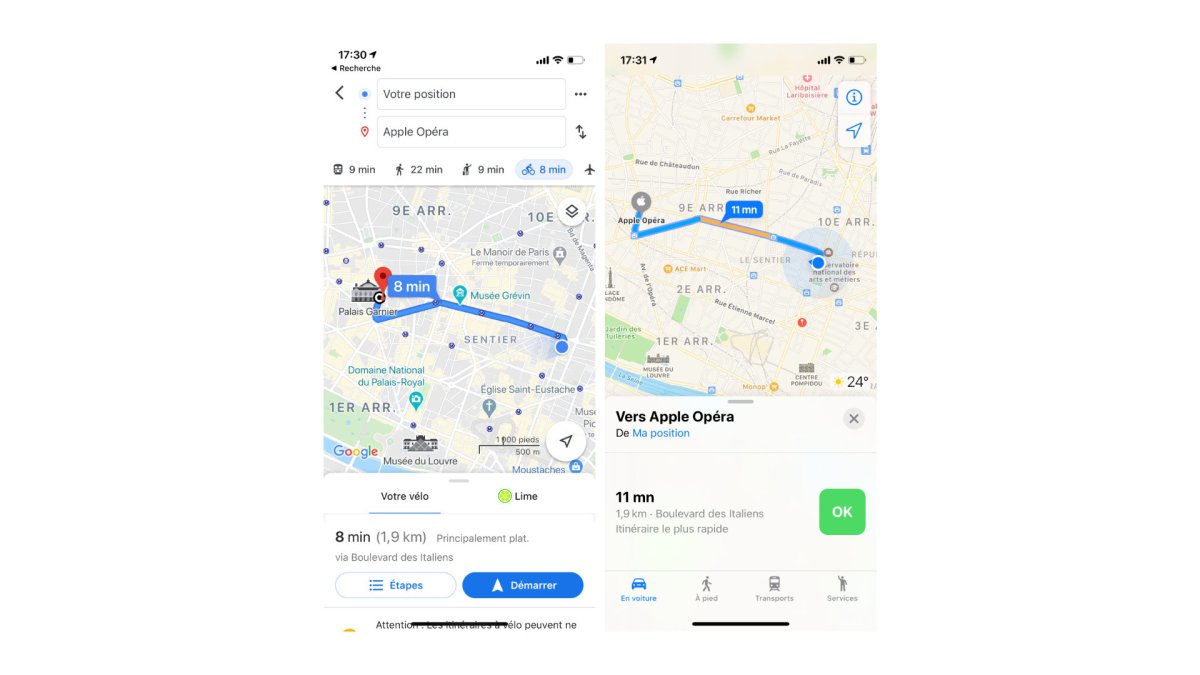 Apple Maps vs Google Maps // Source : Capture d'écran Numerama Apple Maps vs Google Maps // Source : Capture d'écran Numerama
