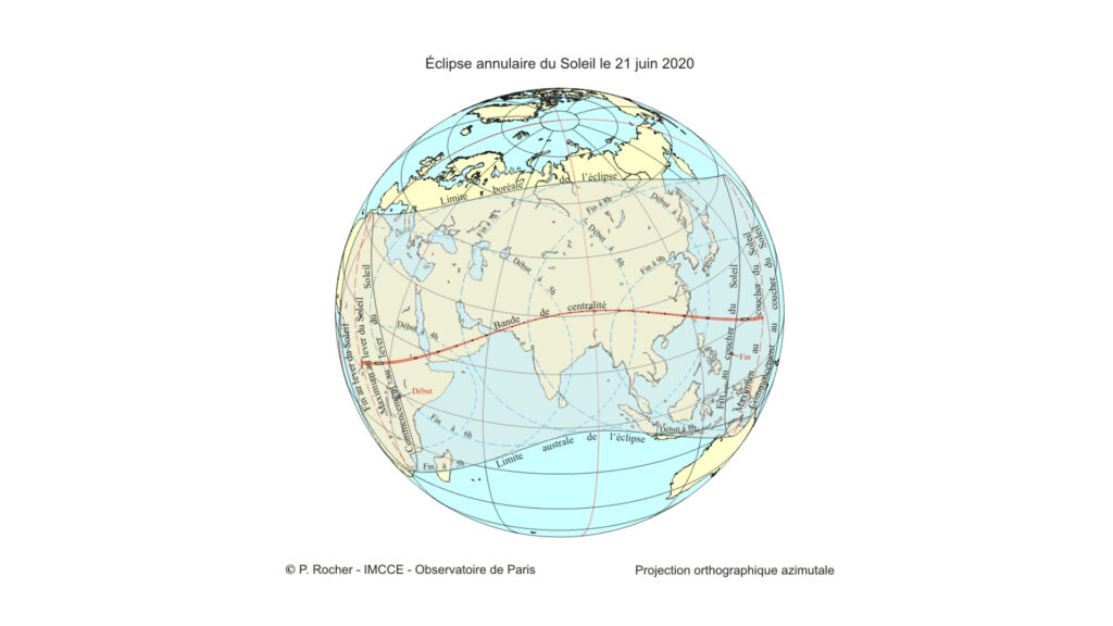 Carte générale de l'éclipse. // Source : P. Rocher, IMCCE, Observatoire de Paris Carte générale de l'éclipse. // Source : P. Rocher, IMCCE, Observatoire de Paris