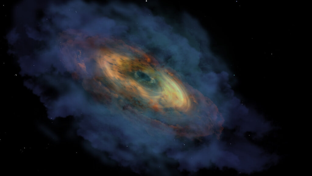 Vue d'artiste de la formation de J1007+2115. // Source : International Gemini Observatory/NOIRLab/NSF/AURA/P. Marenfeld. (photo recadrée) Vue d'artiste de la formation de J1007+2115. // Source : International Gemini Observatory/NOIRLab/NSF/AURA/P. Marenfeld. (photo recadrée)