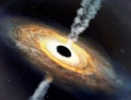 Vue d'artiste du quasar J1007+2115. // Source : International Gemini Observatory/NOIRLab/NSF/AURA/P. Marenfeld. (photo recadrée)
