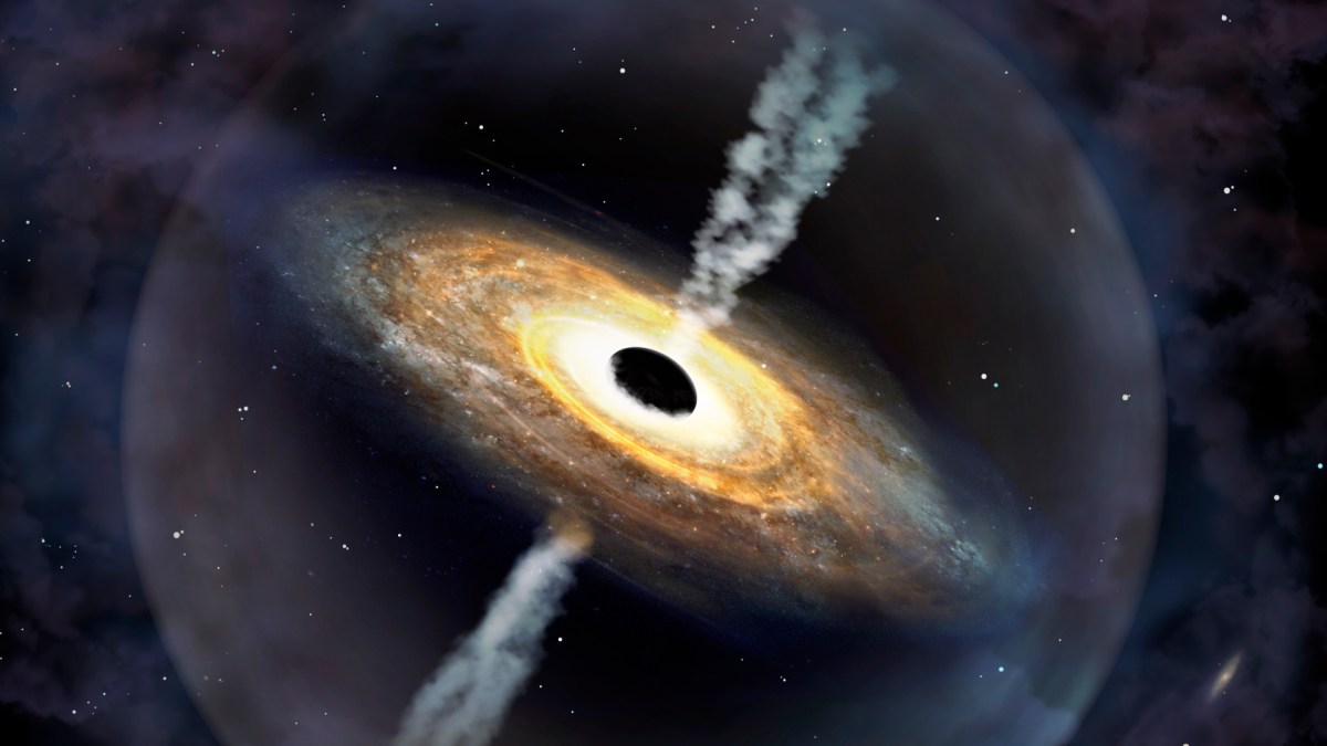 Vue d'artiste du quasar J1007+2115. // Source : International Gemini Observatory/NOIRLab/NSF/AURA/P. Marenfeld. (photo recadrée) Vue d'artiste du quasar J1007+2115. // Source : International Gemini Observatory/NOIRLab/NSF/AURA/P. Marenfeld. (photo recadrée)