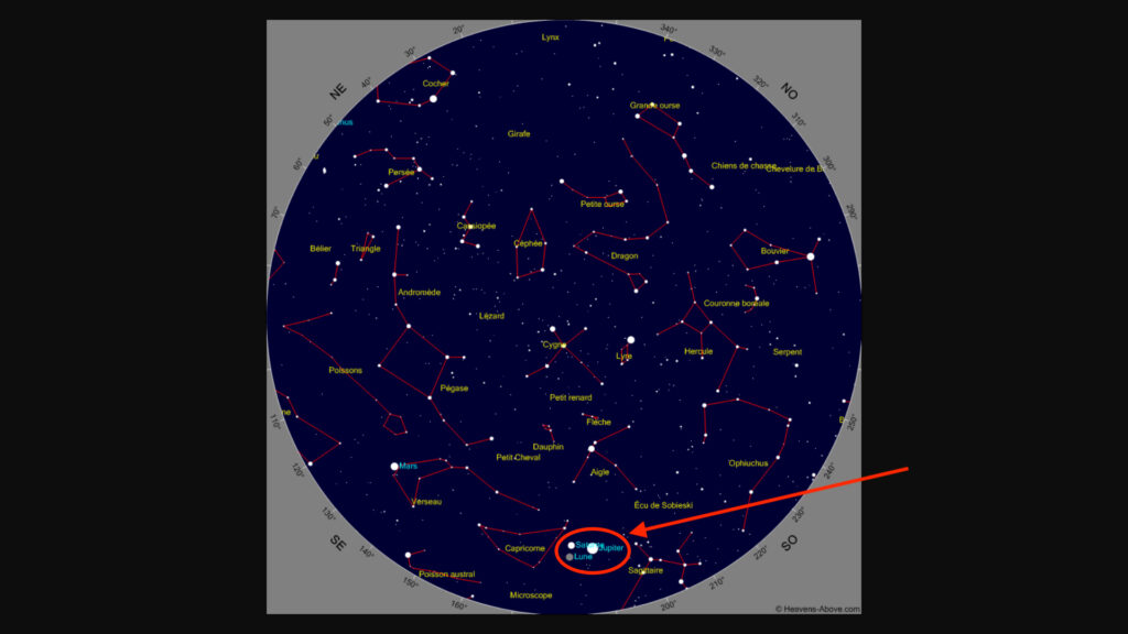 La position du triangle Lune, Saturne, Jupiter, dans le ciel. // Source : Heavens Above, annotations Numerama La position du triangle Lune, Saturne, Jupiter, dans le ciel. // Source : Heavens Above, annotations Numerama
