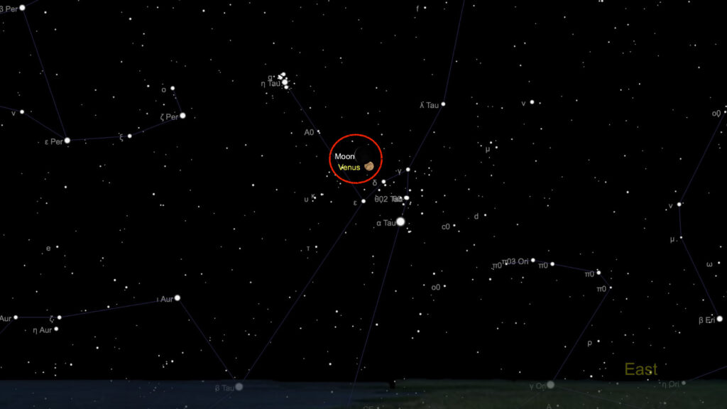 Vénus et la Lune le matin du 19 juin 2020. // Source : Capture d'écran The Sky Live, annotations Numerama Vénus et la Lune le matin du 19 juin 2020. // Source : Capture d'écran The Sky Live, annotations Numerama