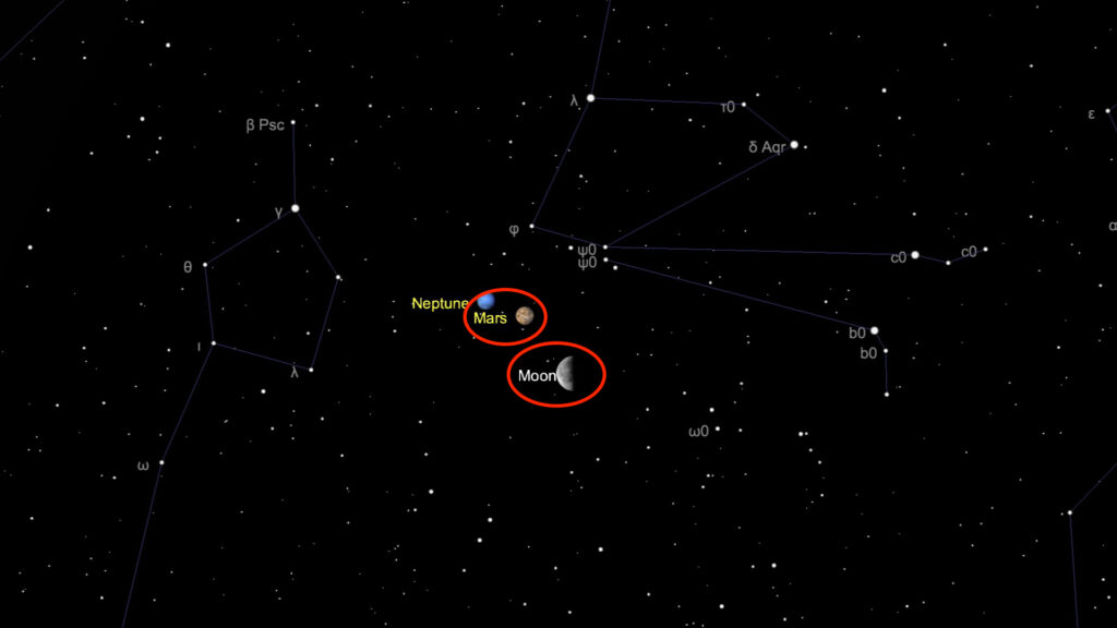 La Lune et Mars le 13 juin 2020 à 5h. // Source : Capture d'écran The Sky Live, annotations Numerama La Lune et Mars le 13 juin 2020 à 5h. // Source : Capture d'écran The Sky Live, annotations Numerama