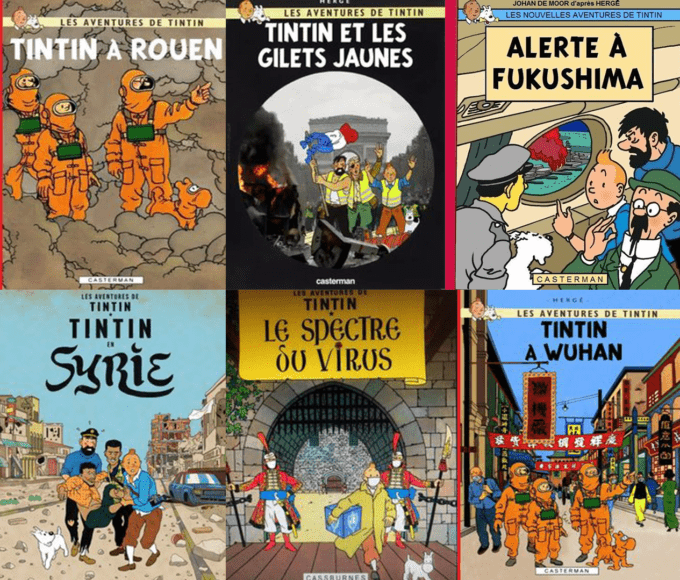 Chaque évènement important d'actualité a rapidement droit à sa fausse couverture des Aventures de Tintin // Source : Montage Numerama Chaque évènement important d'actualité a rapidement droit à sa fausse couverture des Aventures de Tintin // Source : Montage Numerama