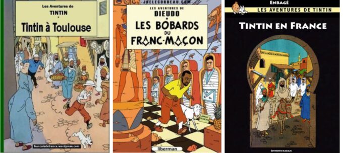 Les fausses couvertures de bandes dessinées où Tintin triomphe du « péril musulman » ou s’insurge de « l’islamisation des terres chrétiennes » sont nombreuses sur les forums d'extrème droite. // Source : Montage Numerama Les fausses couvertures de bandes dessinées où Tintin triomphe du « péril musulman » ou s’insurge de « l’islamisation des terres chrétiennes » sont nombreuses sur les forums d'extrème droite. // Source : Montage Numerama