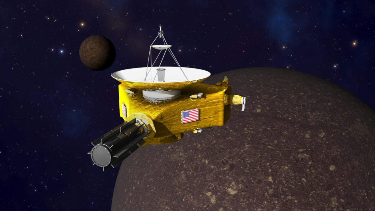 Vue d'artiste de New Horizons survolant Pluton. // Source : Flickr/Cc/Kevin Gill (photo recadrée) Vue d'artiste de New Horizons survolant Pluton. // Source : Flickr/Cc/Kevin Gill (photo recadrée)