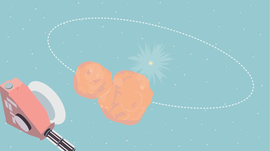 New Horizons survolant Arrokoth (illustration). // Source : NASA/JPL-Caltech New Horizons survolant Arrokoth (illustration). // Source : NASA/JPL-Caltech