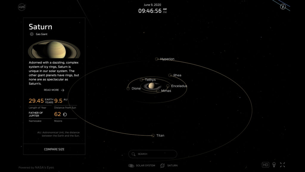 Les satellites de Saturne. // Source : Capture d'écran Eyes on the Solar System Les satellites de Saturne. // Source : Capture d'écran Eyes on the Solar System