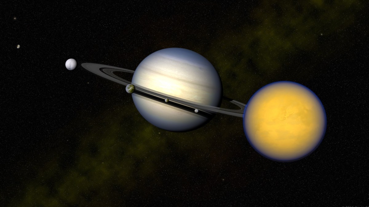 Saturne et certaines de ses lunes, dont Titan. // Source : Flickr/CC/Kevin Gill (photo recadrée) Saturne et certaines de ses lunes, dont Titan. // Source : Flickr/CC/Kevin Gill (photo recadrée)