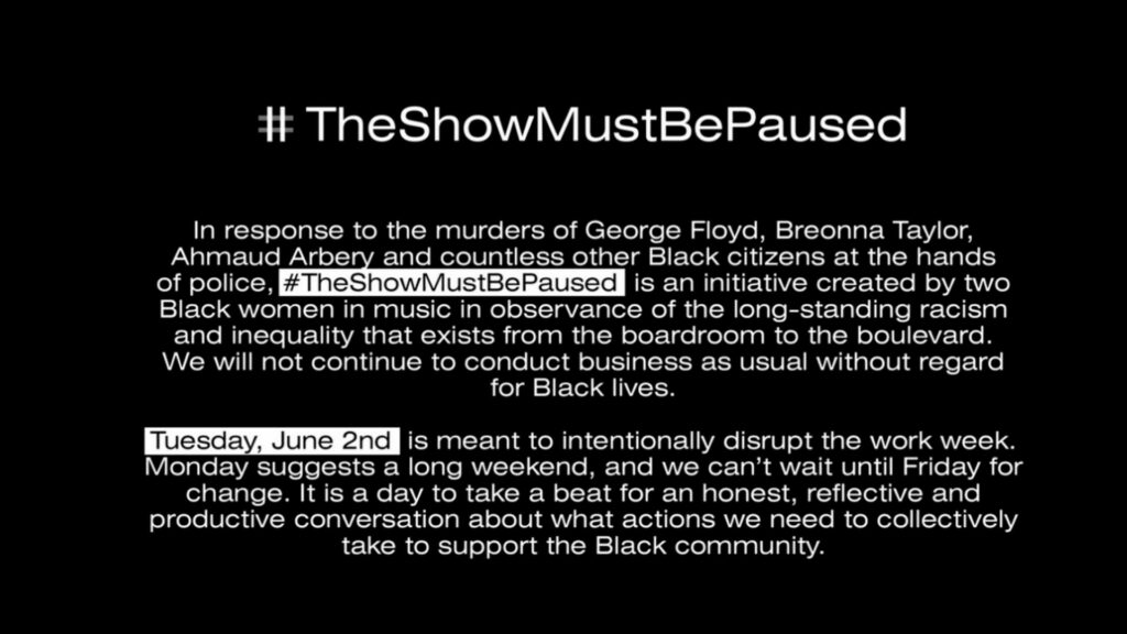 La description du mouvement faite par les deux initiatrices, Brianna Agyemang et Jamila Thomas. // Source : theshowmustbepaused.com/ La description du mouvement faite par les deux initiatrices, Brianna Agyemang et Jamila Thomas. // Source : theshowmustbepaused.com/