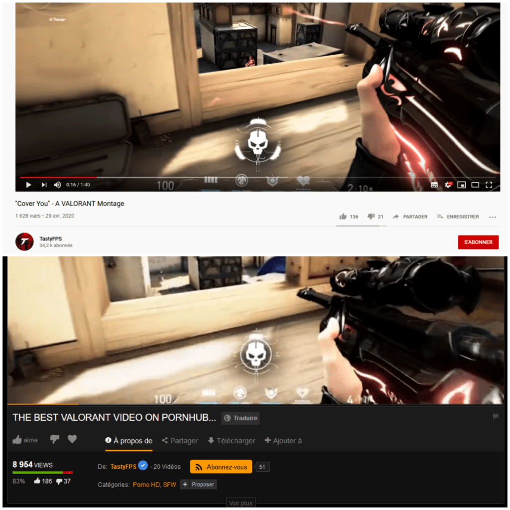 Le vidéaste gaming danois Tasty a uploadé la même vidéo sur YouTube et Pornhub, la seconde a réalisé cinq fois plus d'audience // Source : Montage Numerama Le vidéaste gaming danois Tasty a uploadé la même vidéo sur YouTube et Pornhub, la seconde a réalisé cinq fois plus d'audience // Source : Montage Numerama