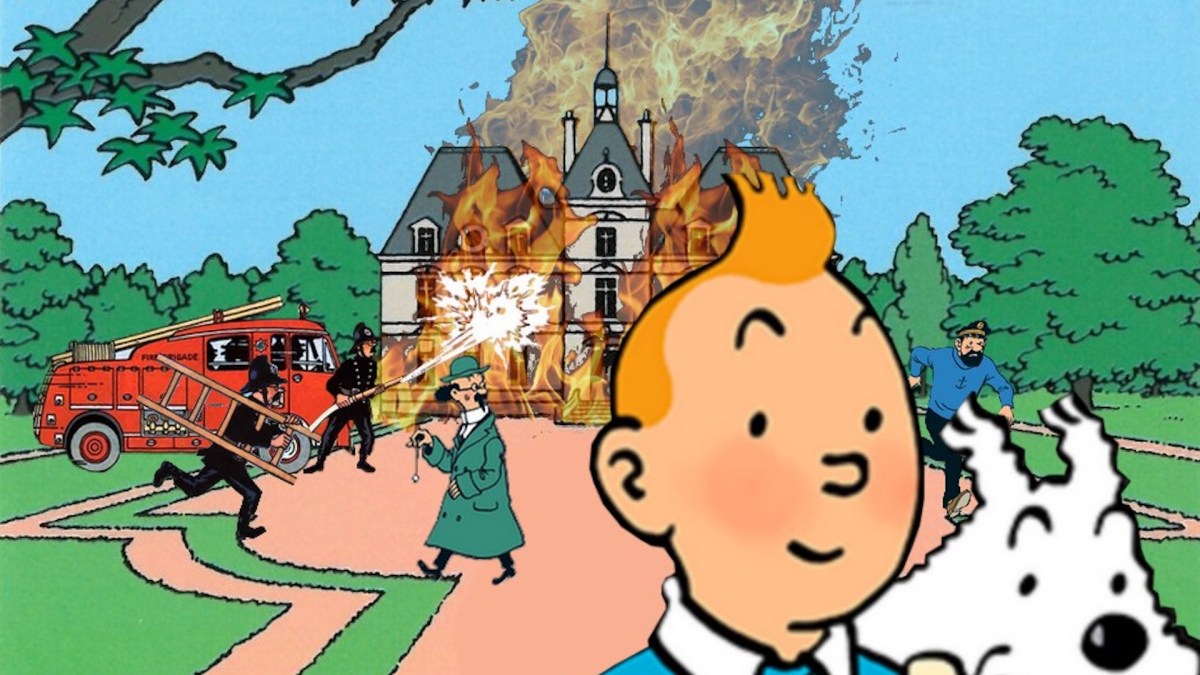Mème de Tintin reprenant un autre mème nommée "Disaster Girl" // Source : Montage : Justine R sur Facebook Mème de Tintin reprenant un autre mème nommée "Disaster Girl" // Source : Montage : Justine R sur Facebook