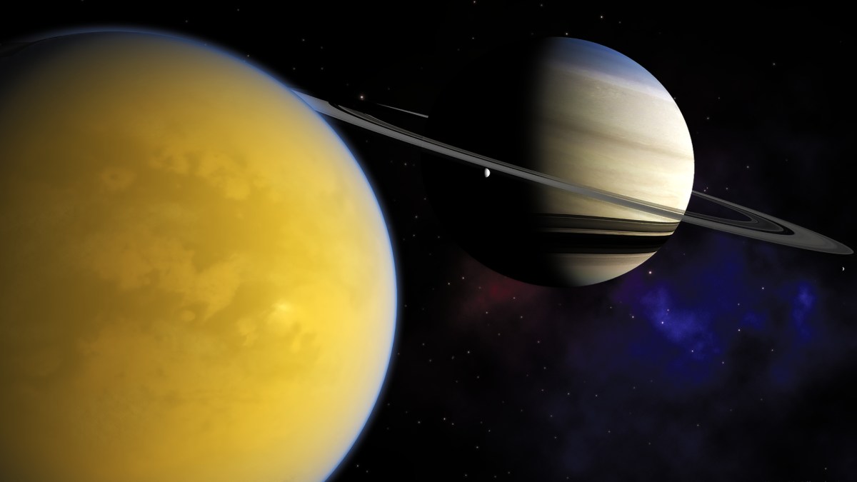 Titan et Saturne. // Source : Flickr/CC/Kevin Gill (photo recadrée) Titan et Saturne. // Source : Flickr/CC/Kevin Gill (photo recadrée)