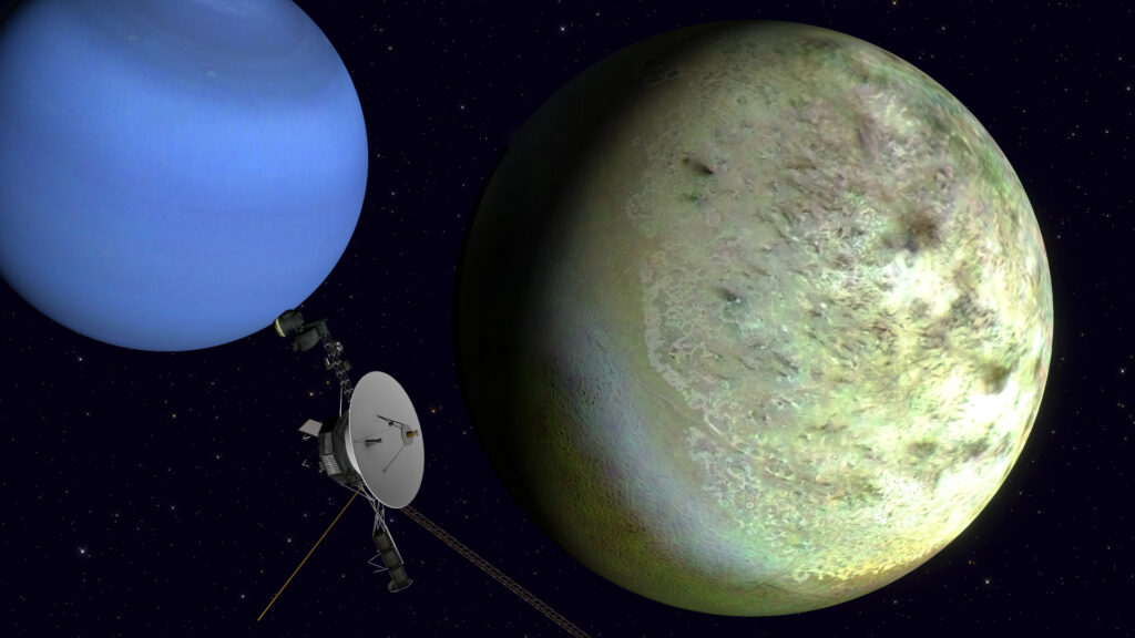 Vue d'artiste de Triton, Neptune et Voyager 2. // Source : Flickr/CC/Kevin Gill (photo recadrée) Vue d'artiste de Triton, Neptune et Voyager 2. // Source : Flickr/CC/Kevin Gill (photo recadrée)