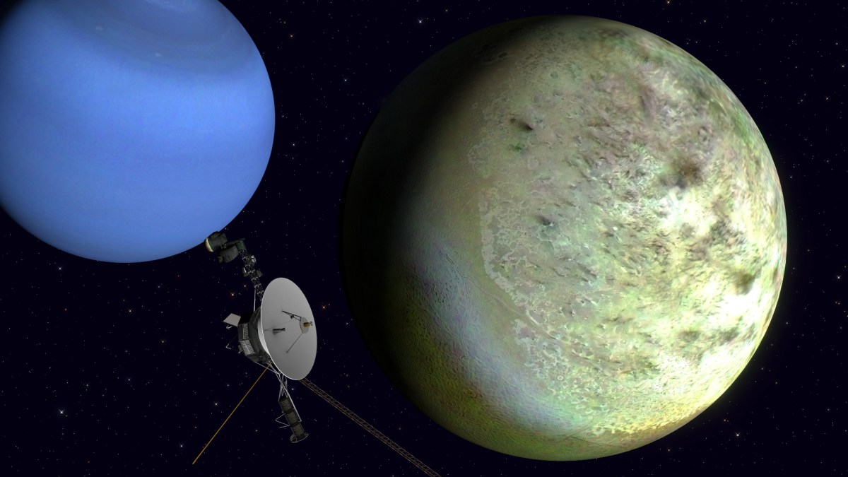 Vue d'artiste de Triton, Neptune et Voyager 2. // Source : Flickr/CC/Kevin Gill (photo recadrée) Vue d'artiste de Triton, Neptune et Voyager 2. // Source : Flickr/CC/Kevin Gill (photo recadrée)
