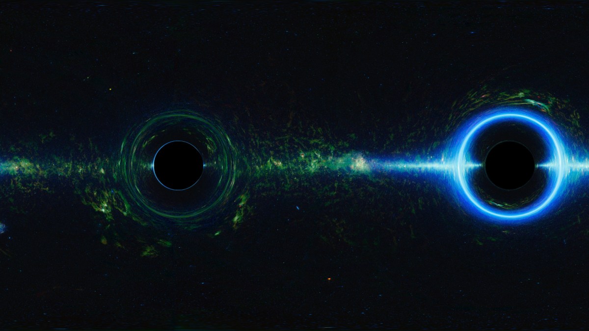 Deux trous noirs supermassifs. // Source : NASA’s Goddard Space Flight Center; background, NASA/JPL-Caltech/UCLA (photo recadrée) Deux trous noirs supermassifs. // Source : NASA’s Goddard Space Flight Center; background, NASA/JPL-Caltech/UCLA (photo recadrée)