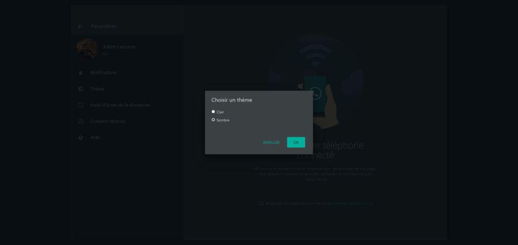 WhatsApp web th&egrave;me sombre