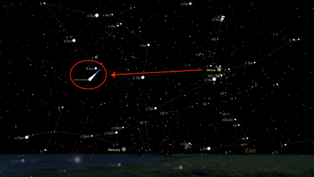 Vénus peut servir de repère vers la comète. // Source : Capture d'écran The Sky Live, annotations Numerama Vénus peut servir de repère vers la comète. // Source : Capture d'écran The Sky Live, annotations Numerama