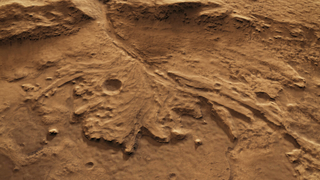 Vue d'artiste du Cratère Jezero, le site d'exploration du rover Perseverance. // Source : Flickr/CC/Kevin Gill Vue d'artiste du Cratère Jezero, le site d'exploration du rover Perseverance. // Source : Flickr/CC/Kevin Gill