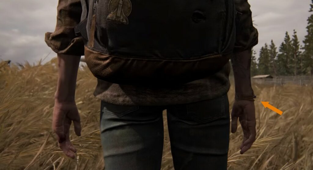 Le fameux bracelet de Dina, lors de la scène finale du jeu. // Source : Naughty Dog Le fameux bracelet de Dina, lors de la scène finale du jeu. // Source : Naughty Dog