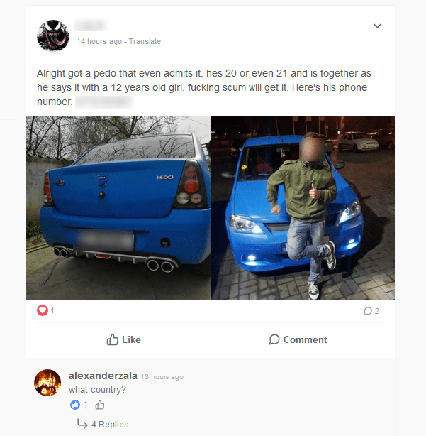 Sur les réseaux sociaux du Dark Net, on hésite pas à afficher publiquement les personnes soupçonnés de pédophilie par les autres internautes qui les "chassent". // Source : Capture d'écran Numerama Sur les réseaux sociaux du Dark Net, on hésite pas à afficher publiquement les personnes soupçonnés de pédophilie par les autres internautes qui les "chassent". // Source : Capture d'écran Numerama
