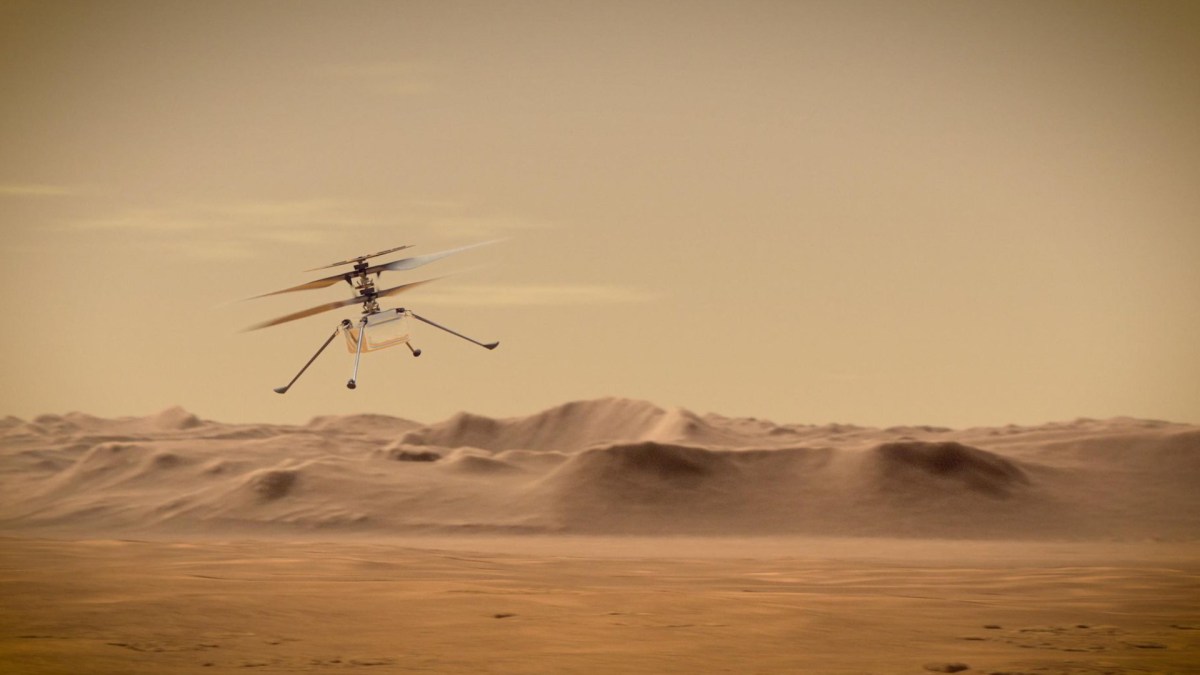 Vue d'artiste d'Ingenuity en train de voler sur Mars. // Source : NASA/JPL-Caltech (photo recadrée) Vue d'artiste d'Ingenuity en train de voler sur Mars. // Source : NASA/JPL-Caltech (photo recadrée)