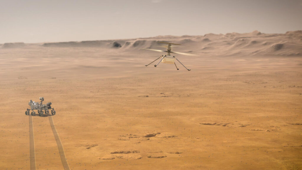 Ingenuity et Perseverance sur Mars, vue d'artiste. // Source : NASA/JPL-Caltech (photo recadrée) Ingenuity et Perseverance sur Mars, vue d'artiste. // Source : NASA/JPL-Caltech (photo recadrée)