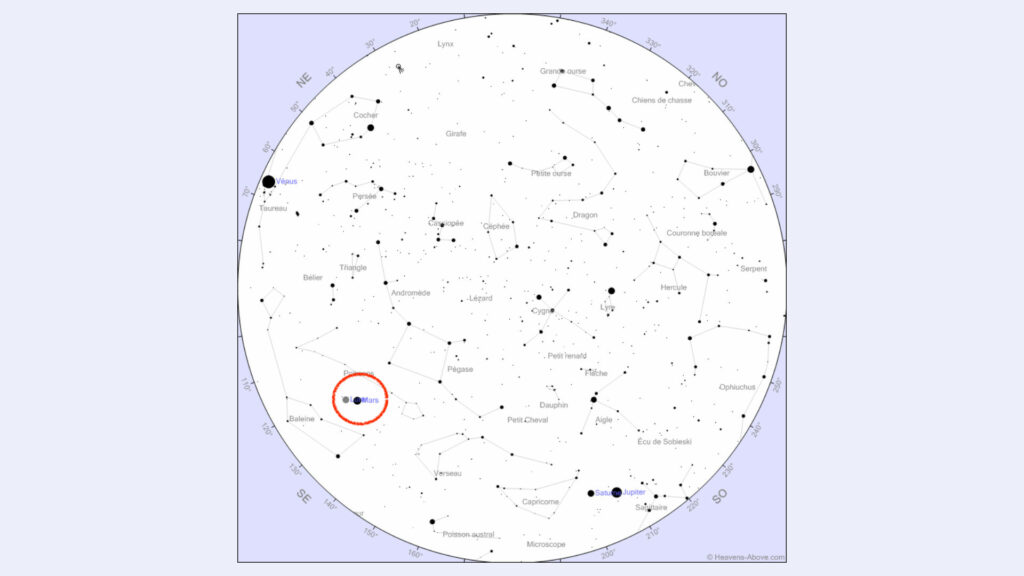 Position de la Lune et Mars vue de Paris le 12 juillet 2020 à 4h. // Source : Capture d'écran Heavens Above, annotations Numerama Position de la Lune et Mars vue de Paris le 12 juillet 2020 à 4h. // Source : Capture d'écran Heavens Above, annotations Numerama