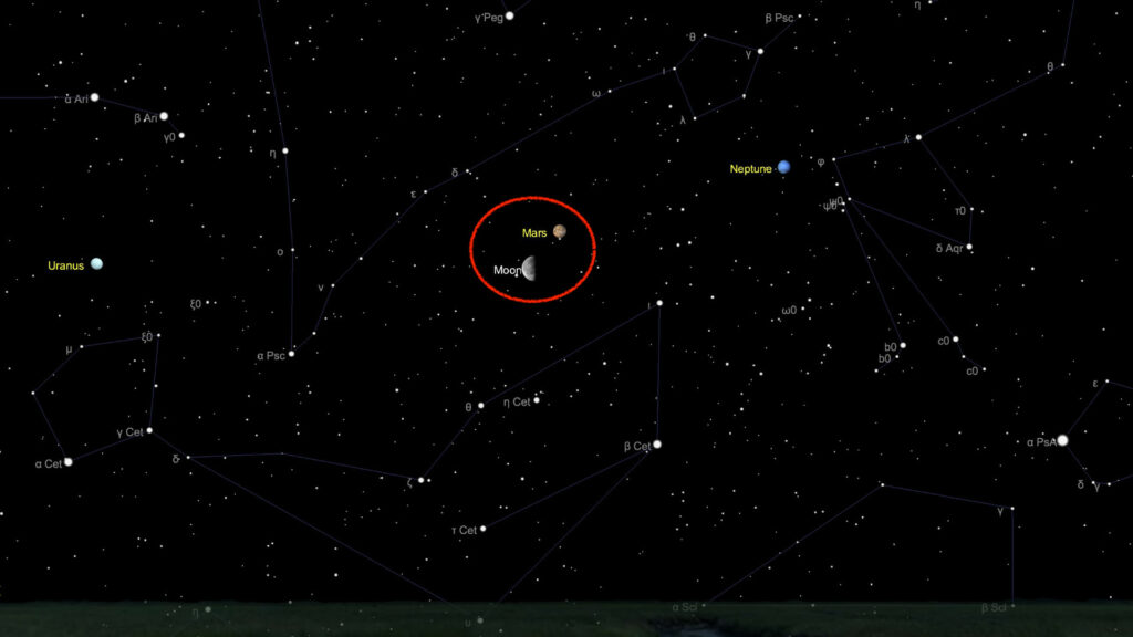 Mars et la Lune, à 4h le 12 juillet. // Source : Capture d'écran The Sky Live, annotation Numerama Mars et la Lune, à 4h le 12 juillet. // Source : Capture d'écran The Sky Live, annotation Numerama