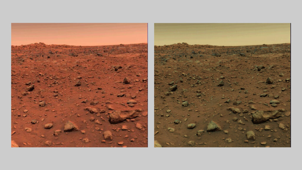 À gauche, la photo de la Nasa. À droite, le site photographié tel qu'il devait vraiment apparaître. // Source : Nasa, Donald Davis (montage Numerama) À gauche, la photo de la Nasa. À droite, le site photographié tel qu'il devait vraiment apparaître. // Source : Nasa, Donald Davis (montage Numerama)