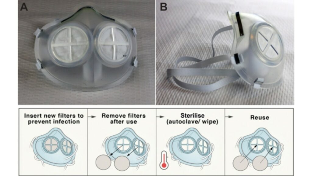 Ce prototype de masque N95 permet de changer le filtre, de stériliser le reste, sans changer de masque à chaque nouvelle utilisation. // Source : MIT Ce prototype de masque N95 permet de changer le filtre, de stériliser le reste, sans changer de masque à chaque nouvelle utilisation. // Source : MIT