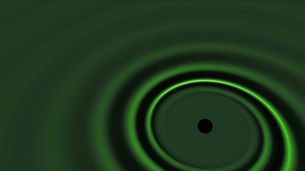 Représentation d'une onde gravitationnelle émise lors d'une fusion de deux trous noirs. // Source : Capture d'écran YouTube LIGO Lab Caltech : MIT Représentation d'une onde gravitationnelle émise lors d'une fusion de deux trous noirs. // Source : Capture d'écran YouTube LIGO Lab Caltech : MIT
