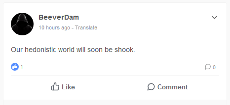 "Notre monde hédoniste sera bientôt secoué", un exemple de maxime anti-système que l'on retrouve abondamment sur les réseaux sociaux du Dark Net // Source : Capture d'écran Numerama "Notre monde hédoniste sera bientôt secoué", un exemple de maxime anti-système que l'on retrouve abondamment sur les réseaux sociaux du Dark Net // Source : Capture d'écran Numerama