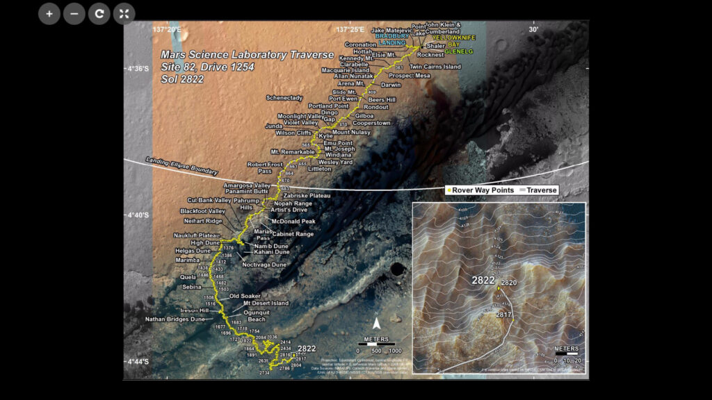 Trajectoire de Curiosity depuis l'atterrissage jusqu'au 15 juillet 2020. // Source : Capture d'écran Nasa Science Mars Exploration Program Trajectoire de Curiosity depuis l'atterrissage jusqu'au 15 juillet 2020. // Source : Capture d'écran Nasa Science Mars Exploration Program