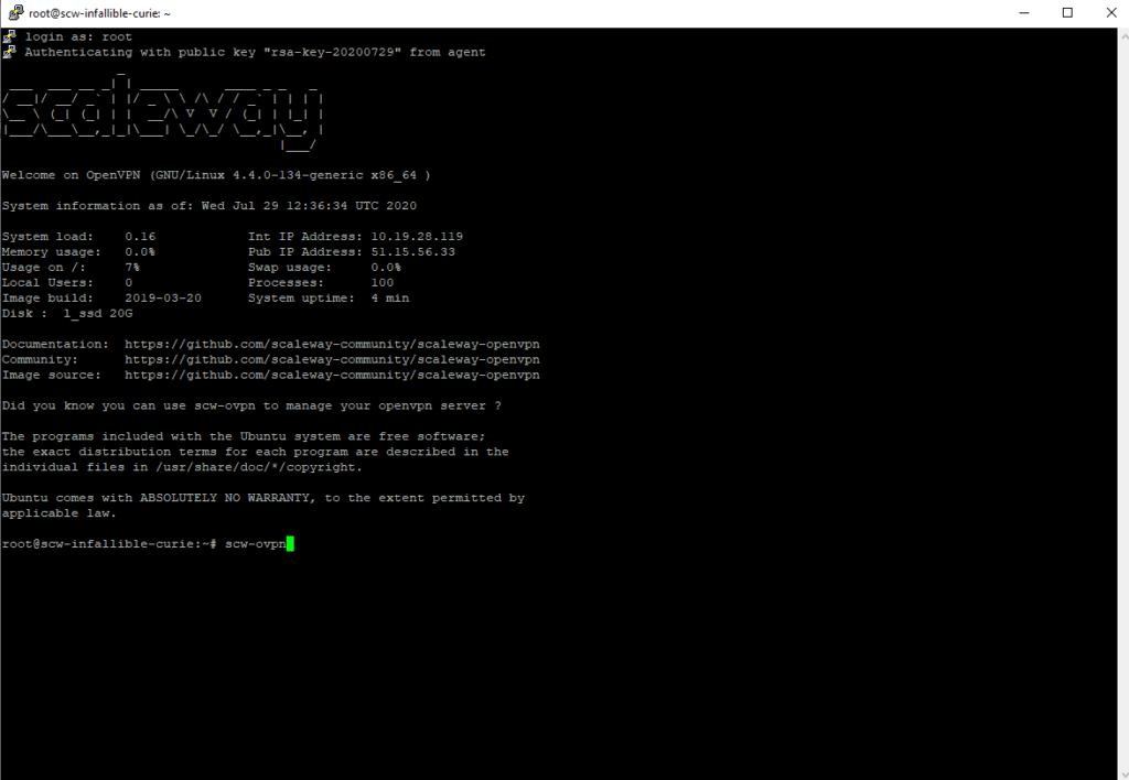 Entrez pour commencer la commande "root". Le serveur indique alors qu’OpenVPN a bien été installé et qu’il est prêt à l’emploi. Entrez pour commencer la commande "root". Le serveur indique alors qu’OpenVPN a bien été installé et qu’il est prêt à l’emploi.