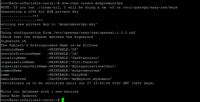 Pour créer un nouvel utilisateur, entrez la commande « scw-ovpn create NOMUTILISATEUR », ou NOMUTILISATEUR est, comme son nom l’indique, le nom de l’utilisateur que vous allez prendre. Ici, nous avons mis « monpremiervpn ». Pour créer un nouvel utilisateur, entrez la commande « scw-ovpn create NOMUTILISATEUR », ou NOMUTILISATEUR est, comme son nom l’indique, le nom de l’utilisateur que vous allez prendre. Ici, nous avons mis « monpremiervpn ».