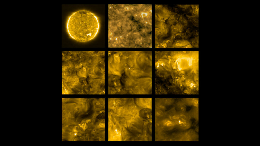 Premières photos du Soleil par Solar Orbiter, le 30 mai 2020, montrant les éruptions solaires miniatures. // Source : Solar Orbiter/EUI Team/ESA & NASA; CSL, IAS, MPS, PMOD/WRC, ROB, UCL/MSSL (photo recadrée) Premières photos du Soleil par Solar Orbiter, le 30 mai 2020, montrant les éruptions solaires miniatures. // Source : Solar Orbiter/EUI Team/ESA & NASA; CSL, IAS, MPS, PMOD/WRC, ROB, UCL/MSSL (photo recadrée)