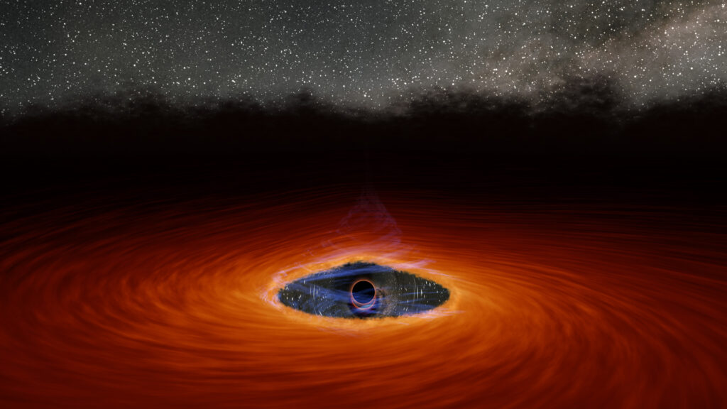 Représentation du trou noir, sans sa couronne. // Source : NASA/JPL-Caltech (photo recadrée) Représentation du trou noir, sans sa couronne. // Source : NASA/JPL-Caltech (photo recadrée)