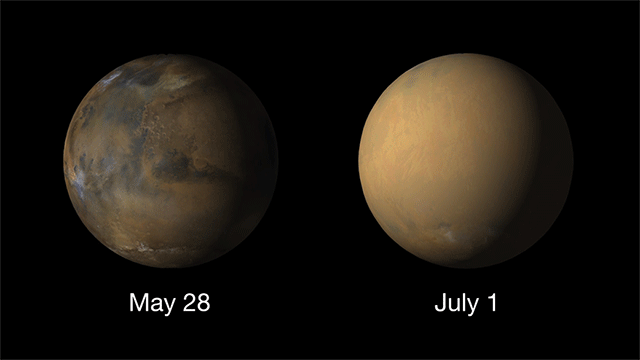 Une tempête de sable sur Mars (à droite) // Source : Nasa Une tempête de sable sur Mars (à droite) // Source : Nasa