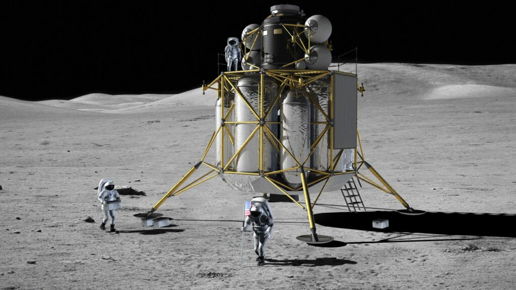 Les atterrisseurs lunaires permettent de déposer les astronautes sur la Lune. // Source : Nasa Les atterrisseurs lunaires permettent de déposer les astronautes sur la Lune. // Source : Nasa
